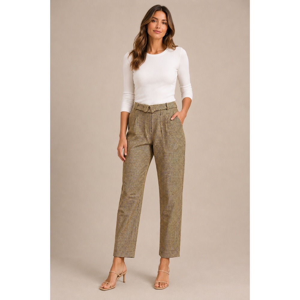 Oscar de la renta Women Trousers 14 Yellow Check Wool Blend Pleated Made in USA